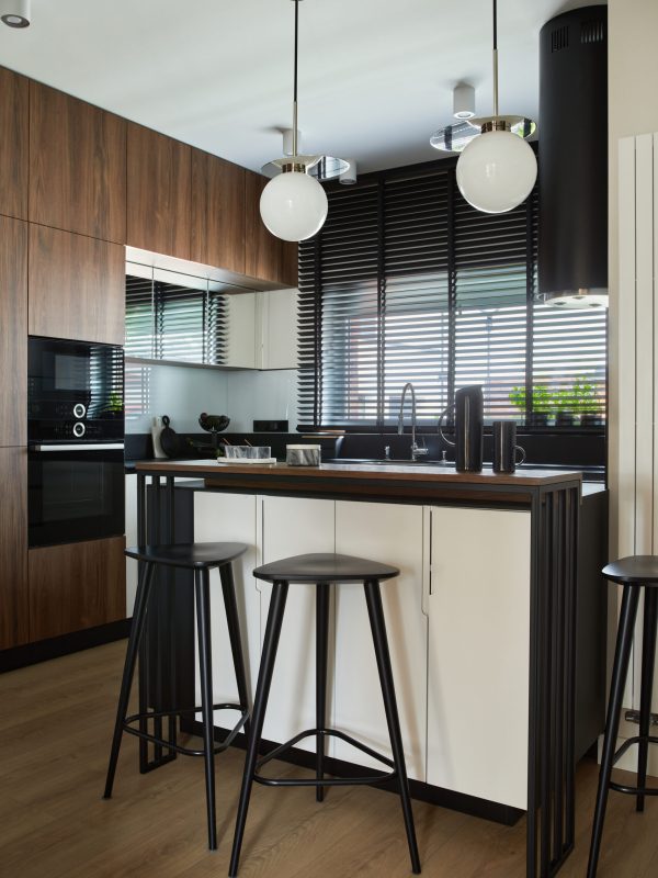 Stylish brown panel kitchen interior with biuld-in kitchen, kitchen island, bar stools and personal accessories. Template.